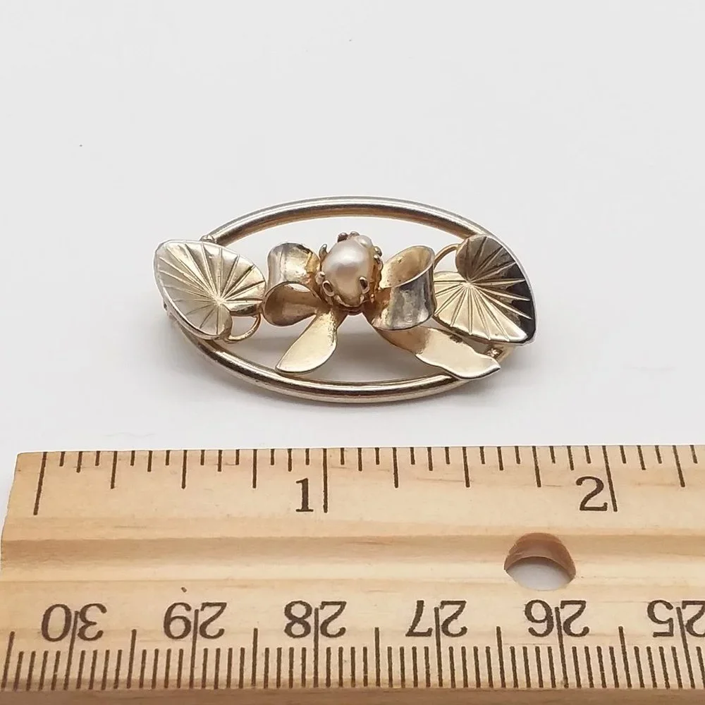 Vintage Pearl Brooch Gold Leaf Bow MCM Fashion Jewelry Oval Classic Glam 50's